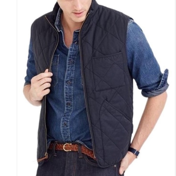 J. Crew Sussex Vest Navy Size Small Men’s Primaloft Leather pull Full Zip G24 - Picture 1 of 9